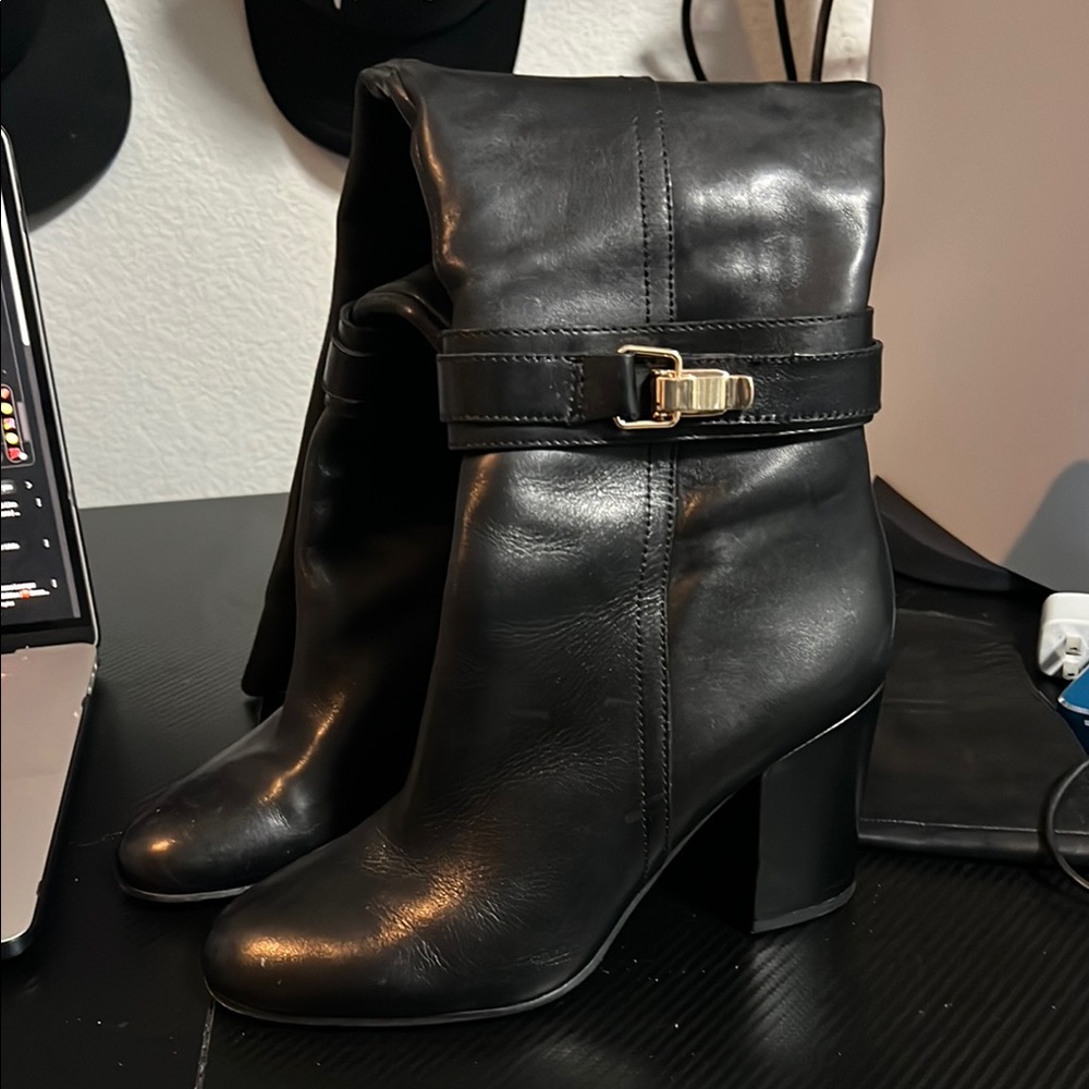 Sam Edelman Black Heeled Boots with Gold Buckle